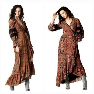 WAYWARD‎ FANCIES     eShakti Ruffle Paisley Print Crepe Lace Trim Wrap Dress